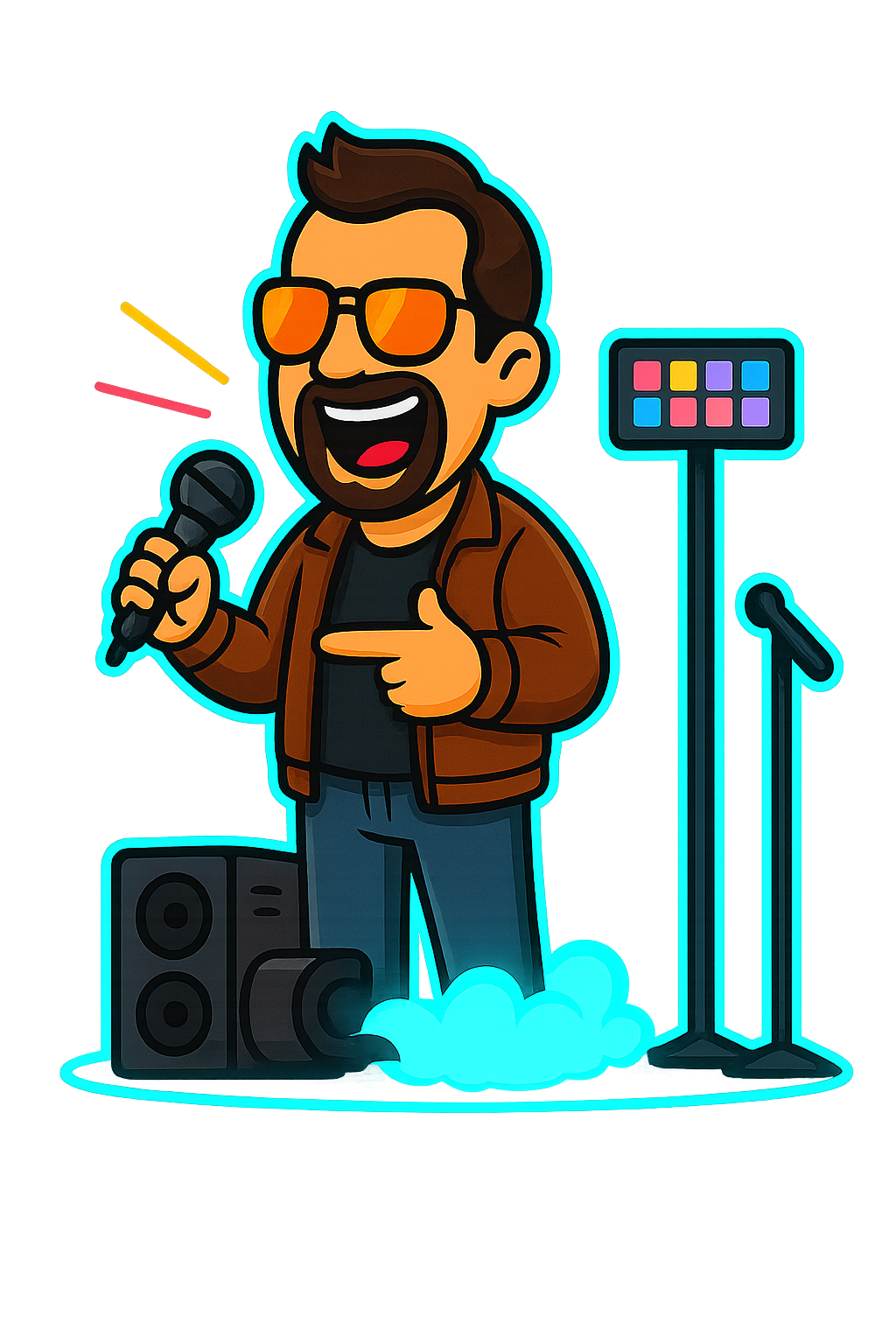 Cartoon DJ stage art with subtle neon glow